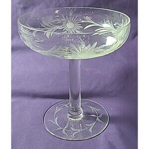 Stemmed Compote Candy Dish Martini Glass Etched Floral Clear Glass 7" High